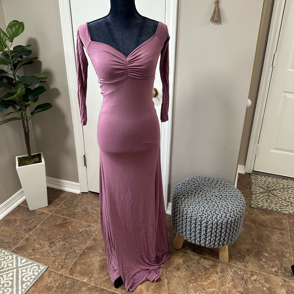 Long Sleeve Mauve Maxi Dress with Ruched Sweetheart Bodice